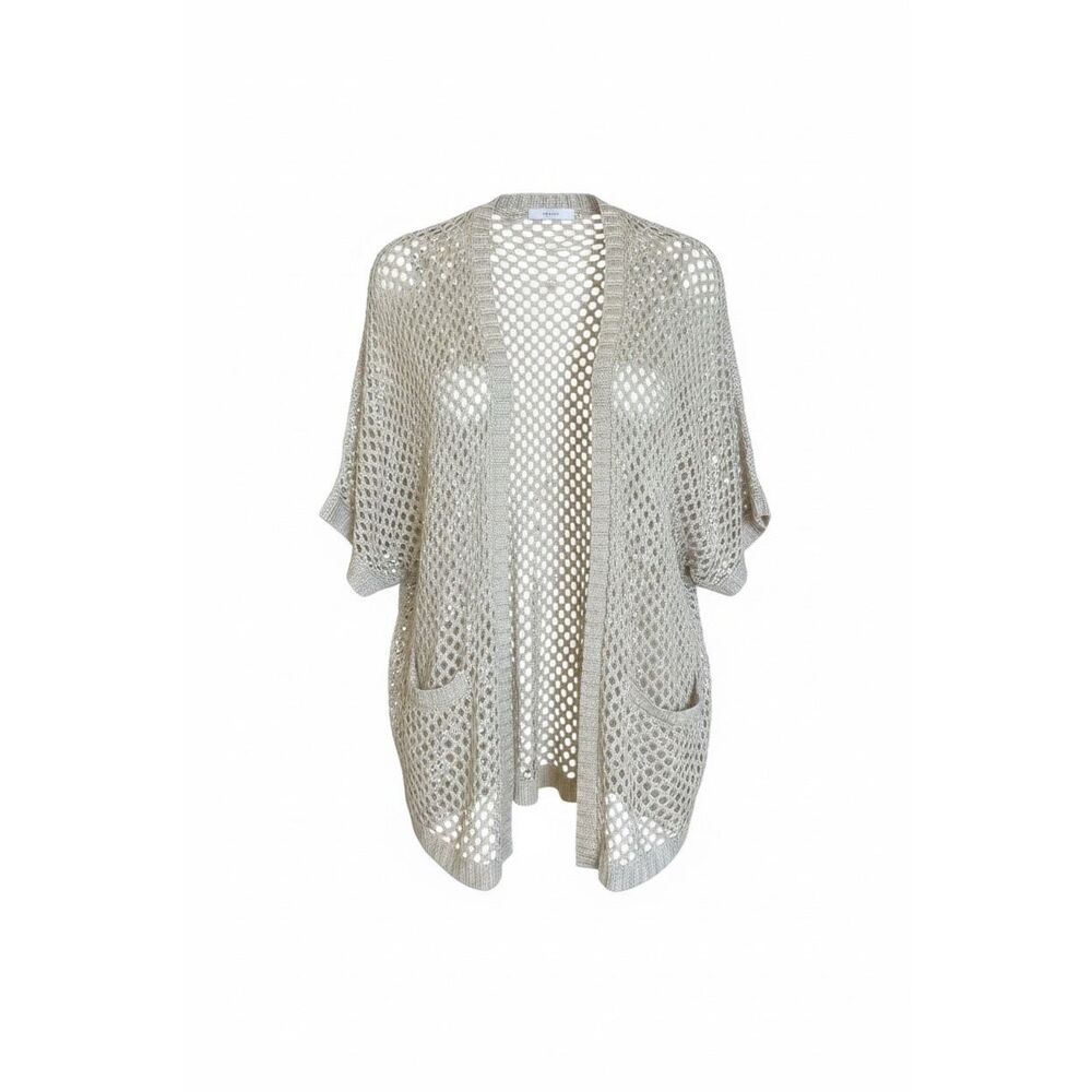 Mine Crochet Open Knit Short Sleeve Open‎ Front Cardigan Beige Small/Medium